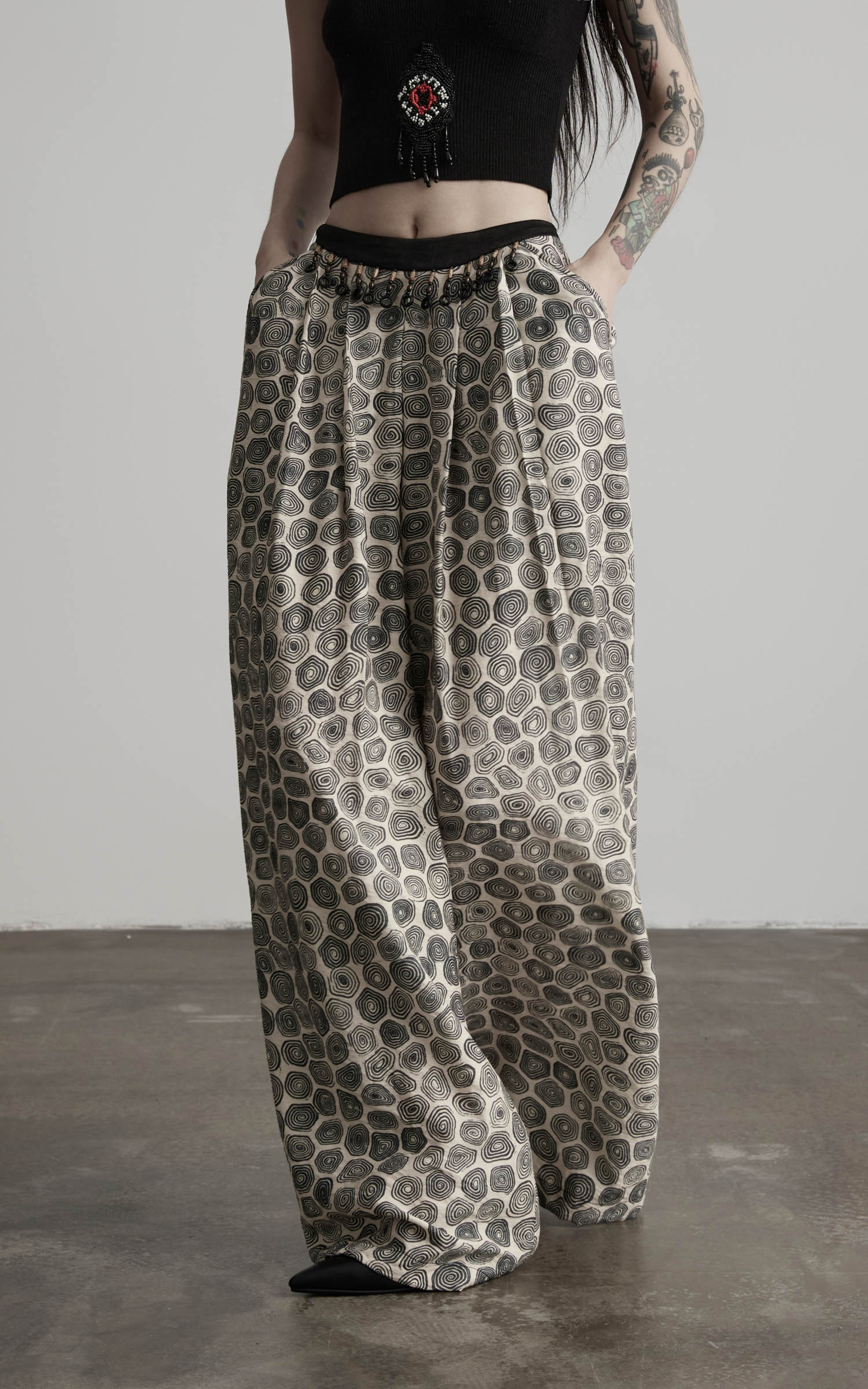 DOINDULGE Beaded Waist Wide Leg Pants