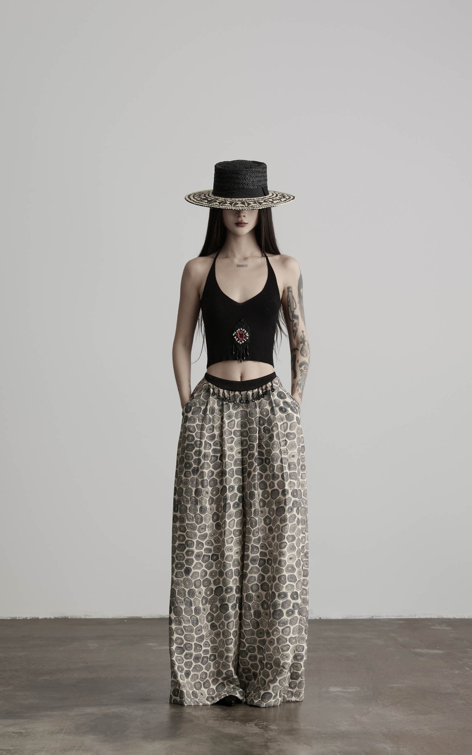 DOINDULGE Beaded Waist Wide Leg Pants